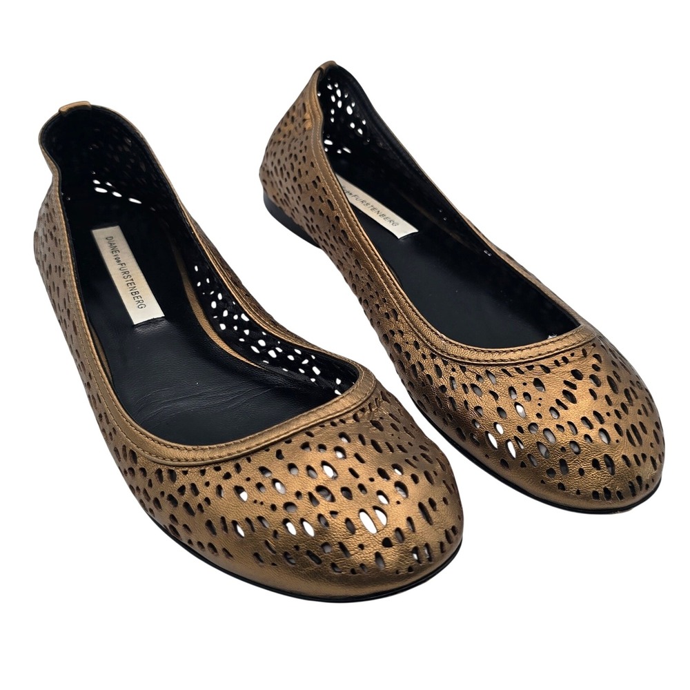 Diane von Furstenberg DVF Bronze Metallic Perforated Leather Ballet Flats 6 M